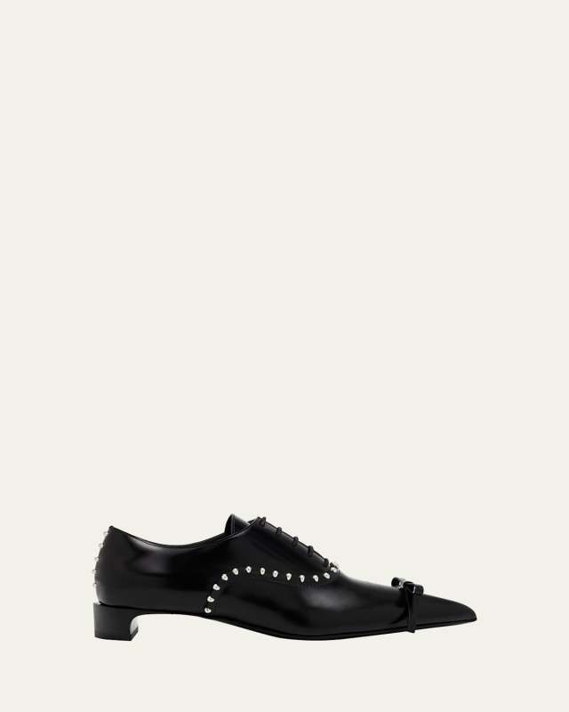 Studded Lace-Up Leather Oxford Pumps